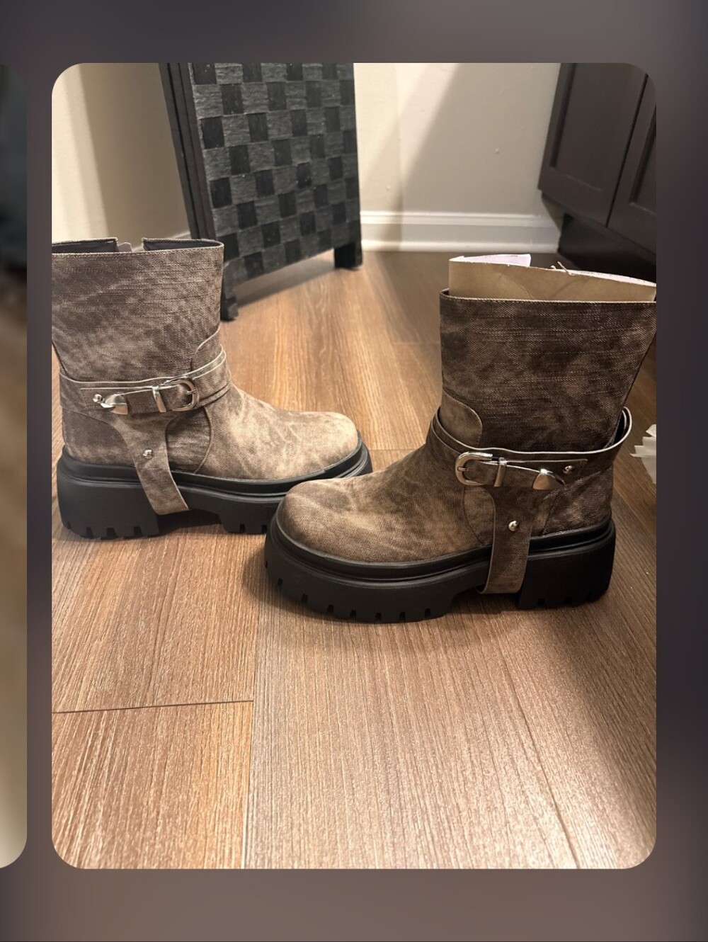AZALEA WANG Brown Canvas Platform Combat Boots - Buckle Moto Ankle Booties
